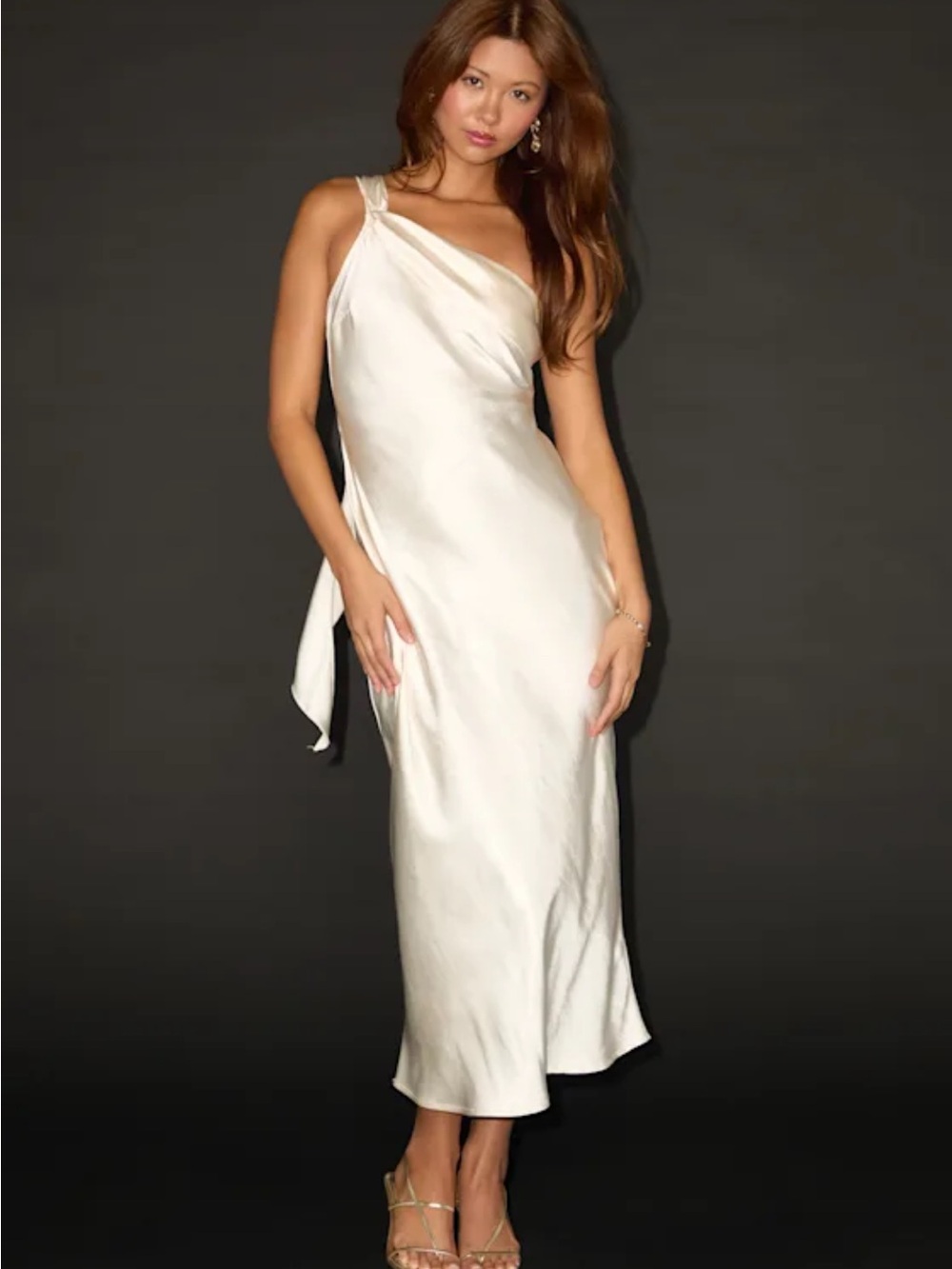 Lulu's Off White Satin One Shoulder Midi Dress